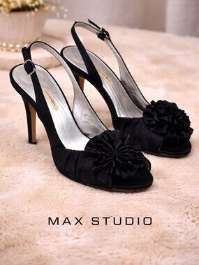 Max Studio Black Satin Slingback Heels 7.5 Floral Peep Toe Stiletto Slip On